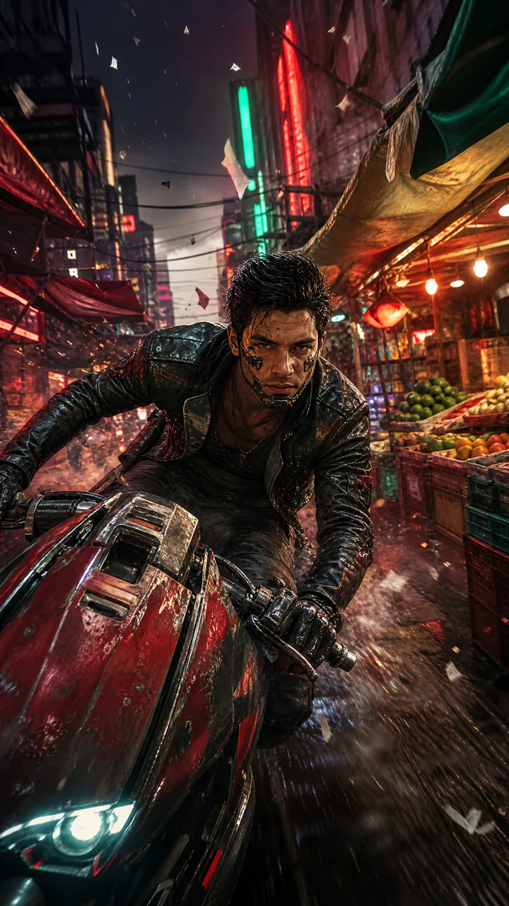 Гонщица в маске мчится на байке через рынок Мехико 2049
