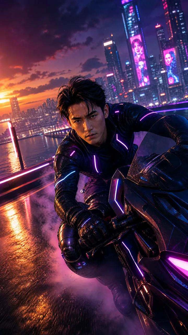 Мужчина-гонщик дрифтит по набережной кибер-Токио 2099 на закате