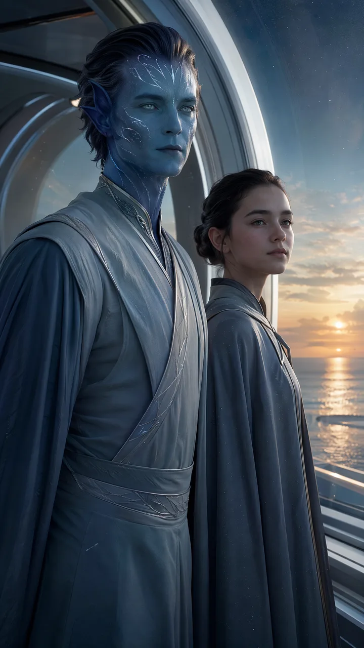 Инопланетный дипломат и земная девочка смотрят на океан под стеклянным куполом