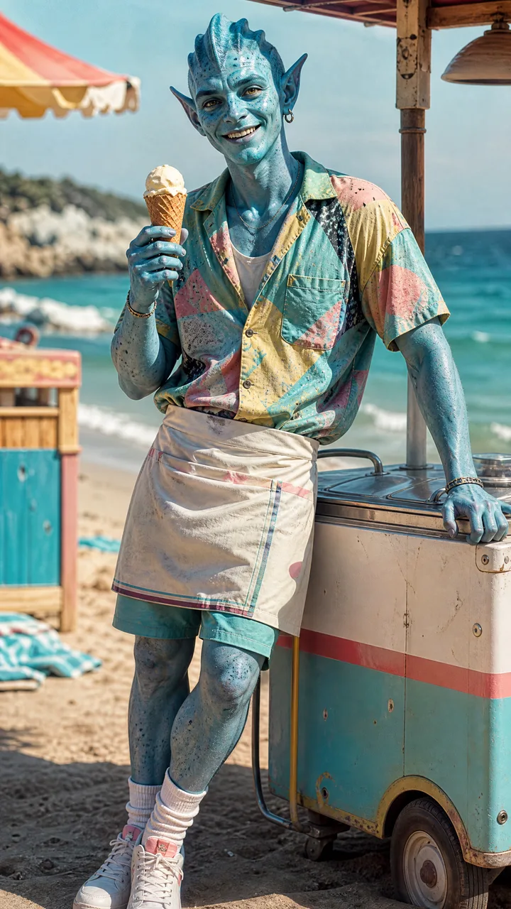 Инопланетянин продаёт мороженое на шумном пляже у моря