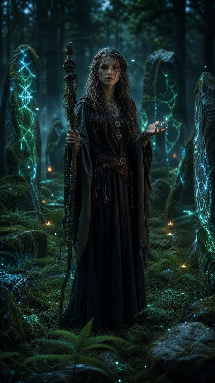 Кельтская друидка стоит в каменном круге среди светящихся лоз