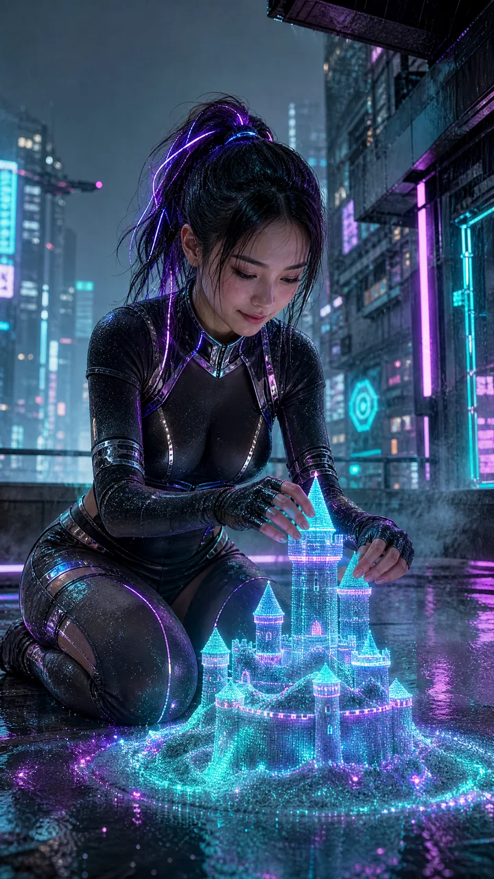 Кибер-сестра на коленях строит голограммный замок в кибер-Токио 2099