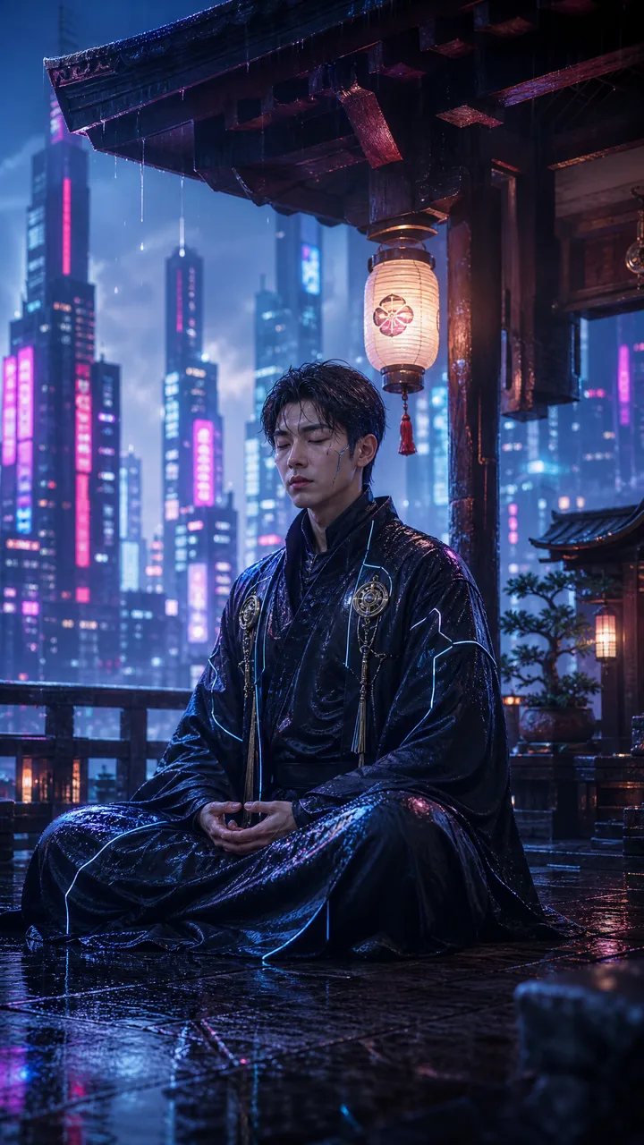 Корейский кибер-монах медитирует в храме на крыше Токио 2099 под дождём