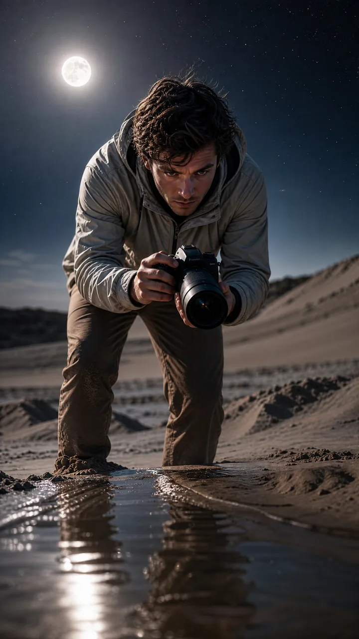 Молодой фотограф стоит на дюне и снимает отражение луны в воде ночью