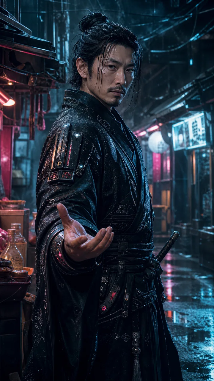 Самурай торгуется на дождливом рынке кибер-Токио 2099